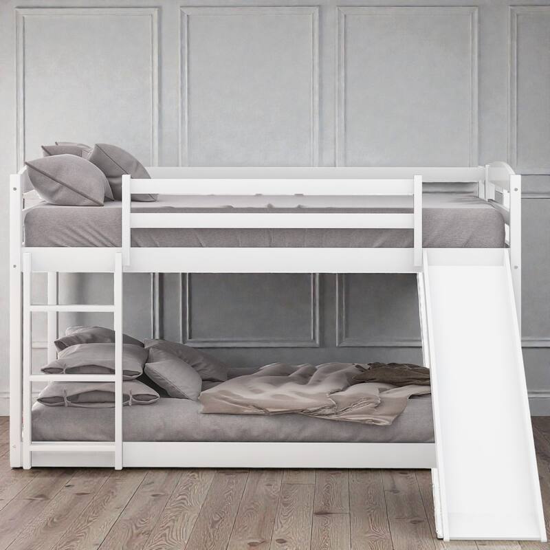 Twin over Twin Wooden Bunk Bed with Slide and Ladder, Convertible Design, Low Bunk Frame for Kids, Solid Pine & MDF