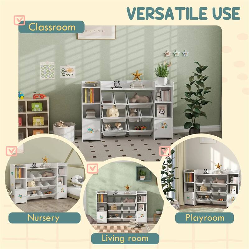 White Kids Storage Shelf with Bins, Bookcase and Cupboard for Organized Playroom - 55.1" L x 11.8" W x 35.4" H