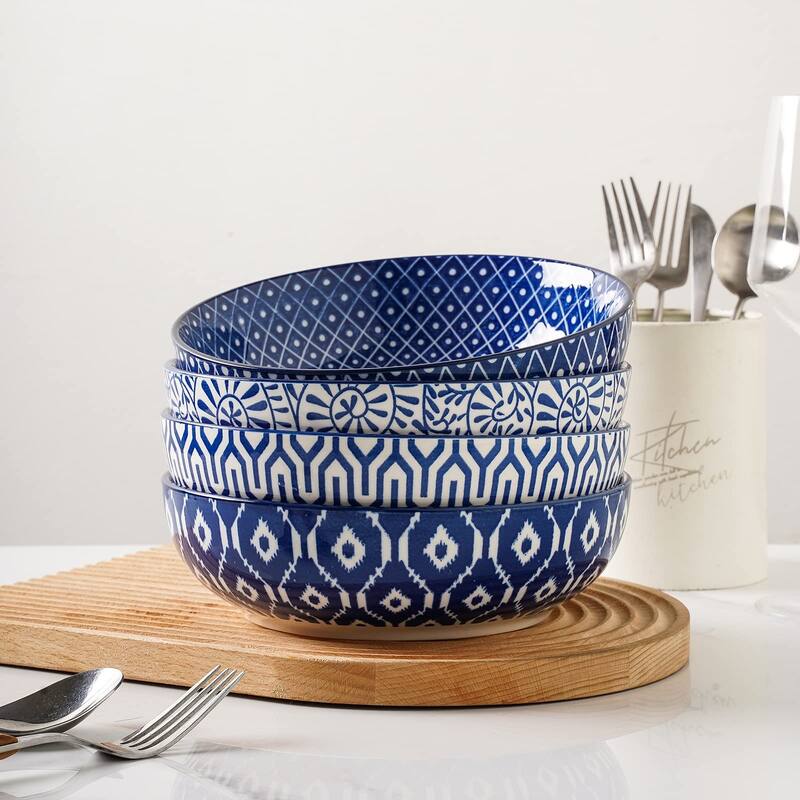Ceramic 50 Ounce Pasta Bowls Set of 4, 8.6 Inch Large Salad Bowls,Wide and Shallow Porcelain Soup Bowls, Stackable Serving Bowls