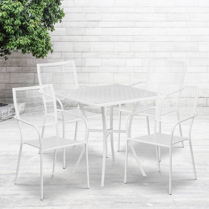 28'' Square Indoor-Outdoor Steel Patio Table Set with 4 Square Back Chairs