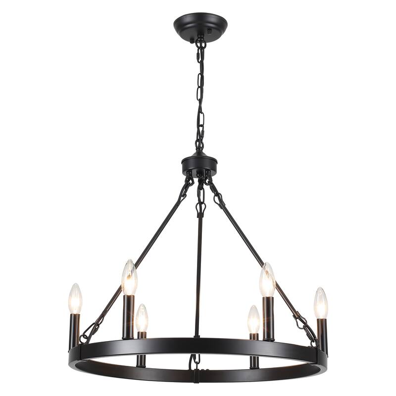 6-Light Farmhouse Candlestick Circle Iron Wagon Wheel Chandelier for Dining Room with No Bulbs Included - Black
