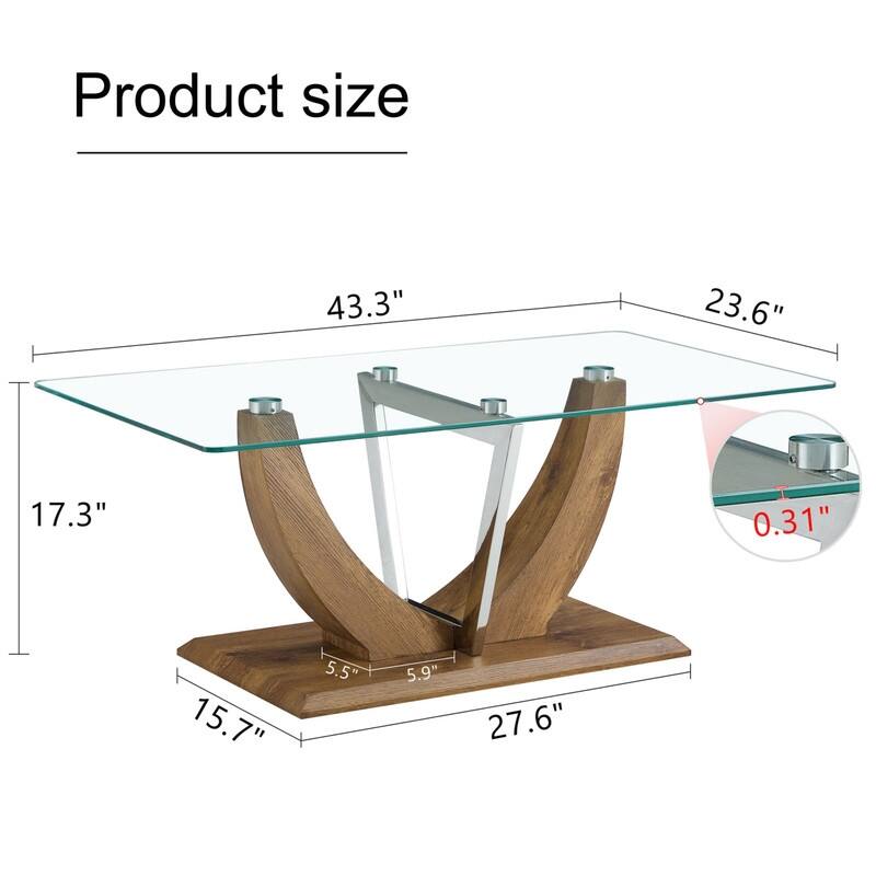 43.3" Length Transparent Tempered Glass Coffee Table with Wooden Legs