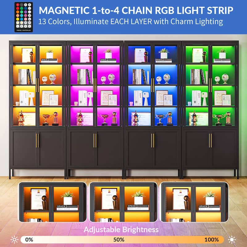 6-Tier Tempered Glass Curio Display Cabinet with 4 Doors, Adjustable Shelves, 13 Color Lights