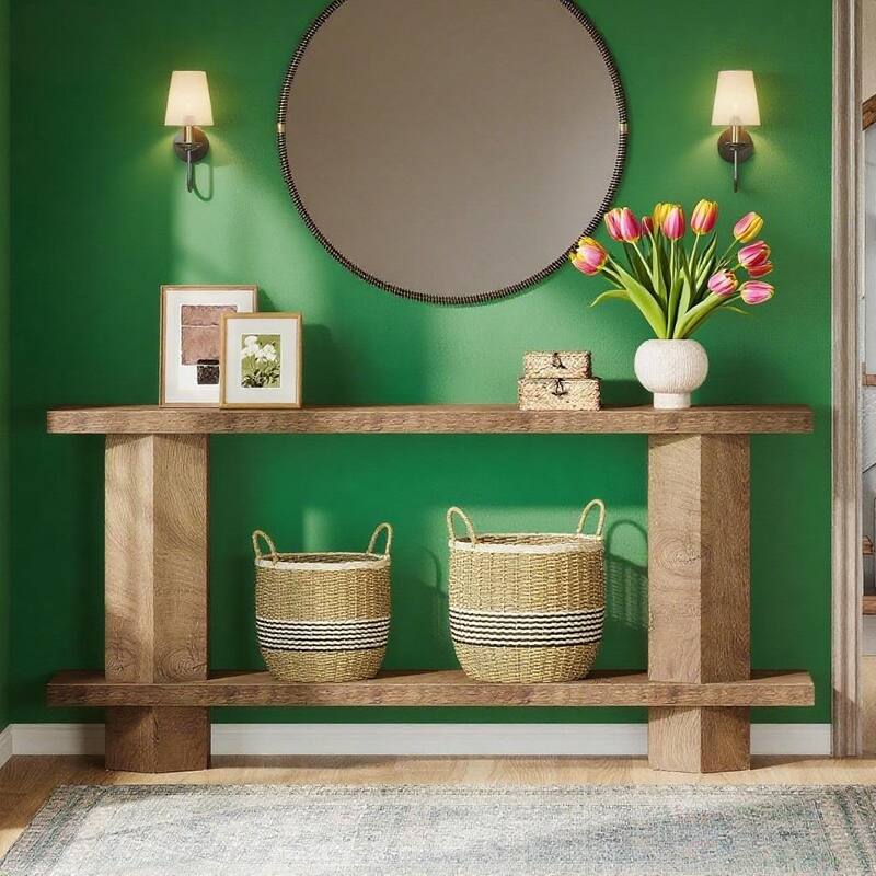 Brown Hexahedron Console Table 71 Inch MDF Entryway Hallway Sofa Table Thick Waterproof Top Sturdy Design - Brown