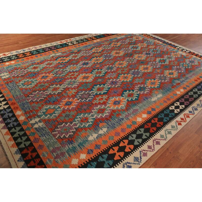 Geometric Kilim Area Rug Flatweave Wool Carpet - 8'8"x 11'10"