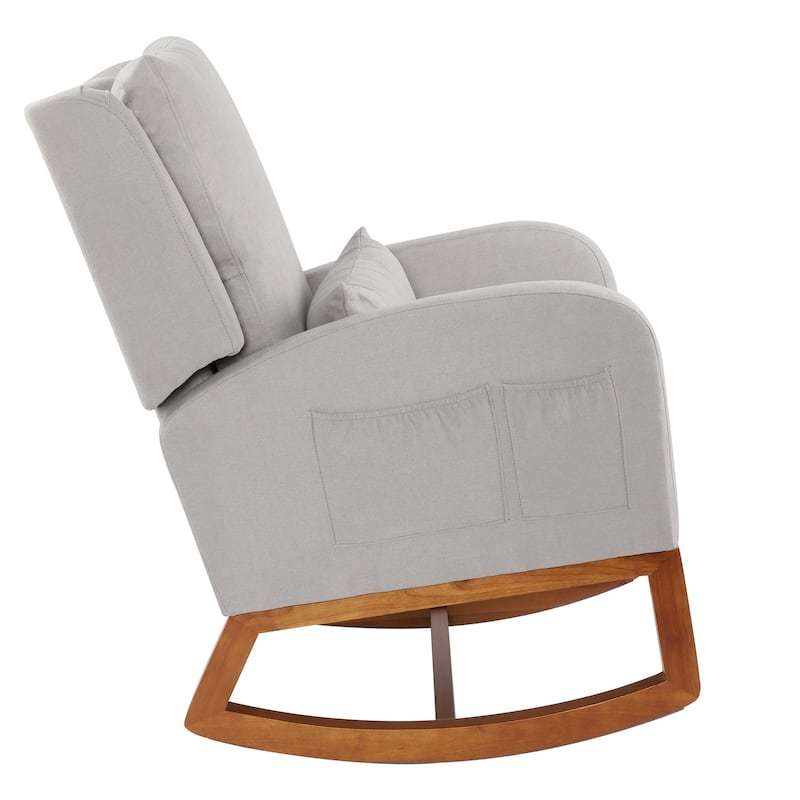 Nursery Rocking Chair High Back Armchair with Side Pocket Rubber Wood Legs and Pillow Flannel Chair for Living Room/Bedroom