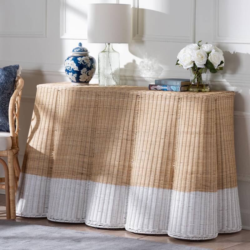 Palm Scallop Natural Rattan Console Table – Handwoven Wicker Accent Table for Hallway or Entryway, Coastal Décor, Rectangle - 54" - Natural Brown/White