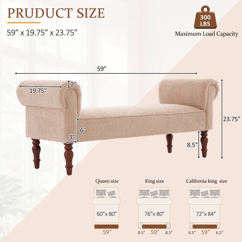Christopher Knight Home - Elric Teddy Upholstered Bench with Rolled Arms and Solid Wood Legs