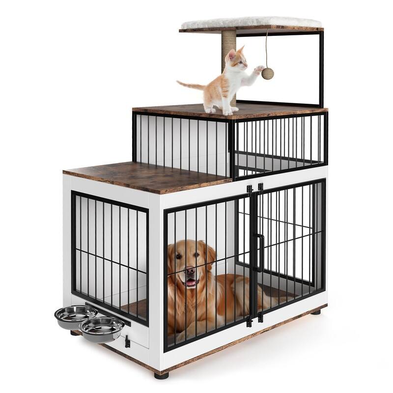2-in-1 Dog Crate & Cat Tree - XL Wooden Pet Furniture w/Scratching Post & Bowls for Homes w/Both Dogs & Cats - Medium (20-50lbs)