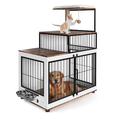 2-in-1 Dog Crate & Cat Tree - XL Wooden Pet Furniture w/Scratching Post & Bowls for Homes w/Both Dogs & Cats
