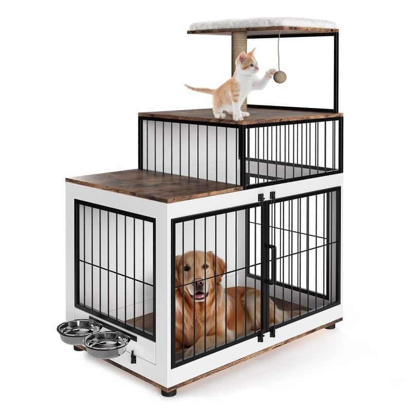 2-in-1 Dog Crate & Cat Tree - XL Wooden Pet Furniture w/Scratching Post & Bowls for Homes w/Both Dogs & Cats