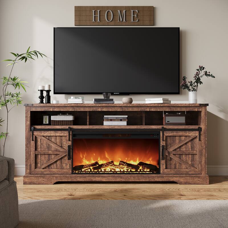 Fireplace TV Stand,Farmhouse Entertainment Center w/Sliding Barn Door - Brown