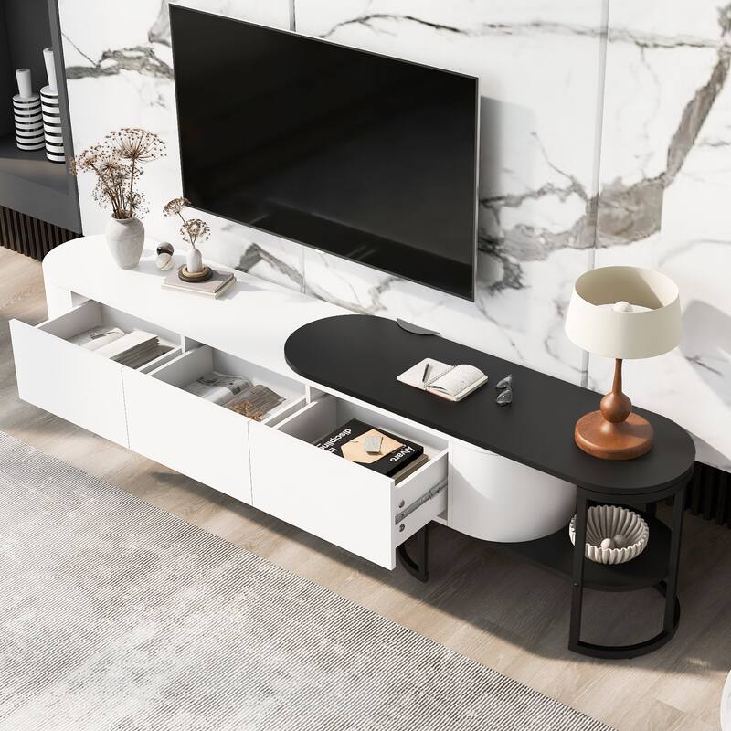 67.7"-76.4" Modern TV Stand with Adjustable Length & Height, 3 Storage Drawers, Metal Legs for Living Room