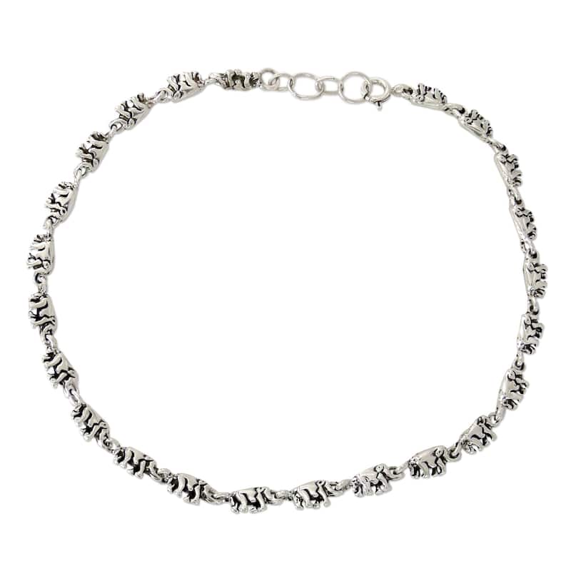 Handmade Sterling Silver Elephant Parade Oxidized Finish Anklet (India)