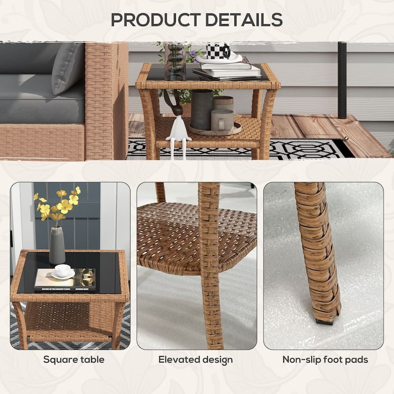 Rattan Side Table,Outdoor End Table with Storage Shelf,Coffee Table with Tempered Glass Top