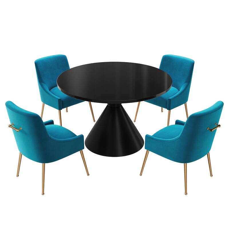 48" Light Luxury Black High Gloss Large Countertop Dining Table with Velvet Dining Chair Set - Light Blue