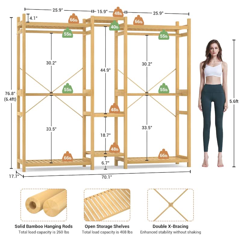 Bamboo Closet System Clothes Rack, Large Freestanding Garment Rack Clothing Rack for Hanging Clothes