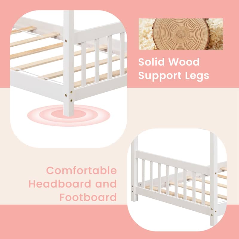 Costway Twin Size House Bed with Roof Wooden Low Floor Bed No Box