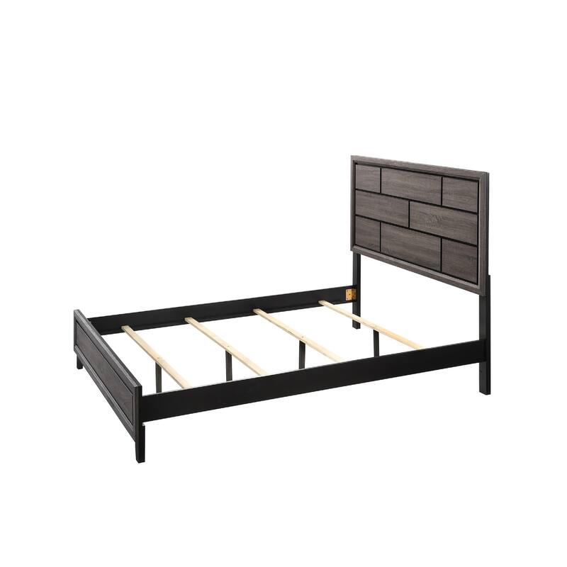 Full Size Wood Panel Bed with Geometric Headboard and Low-Profile Design