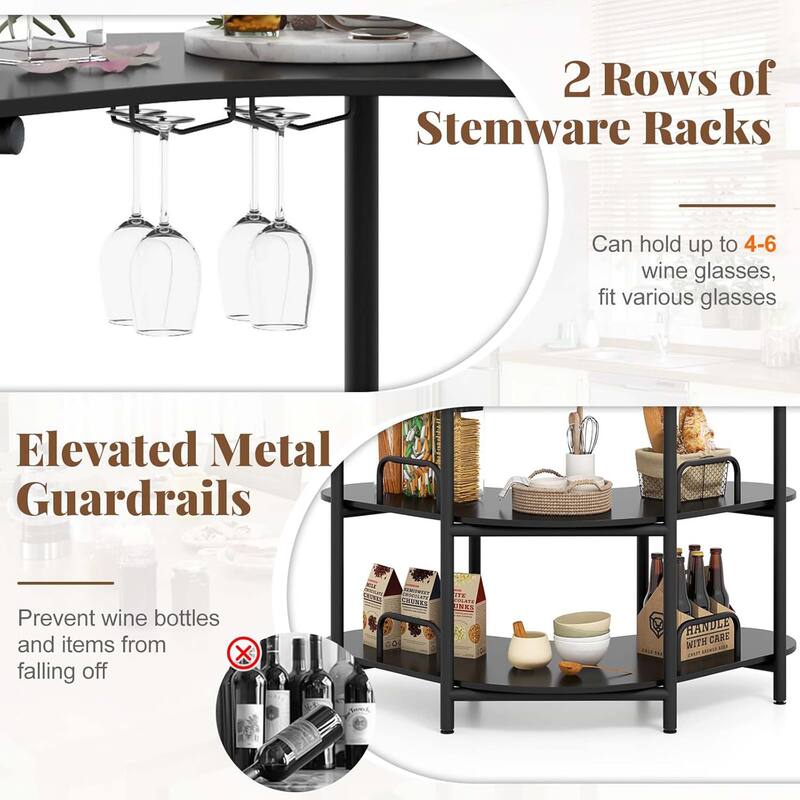3 Tier Corner Bar Table Wine Bakers Rack w/ Wine Glasses Holder