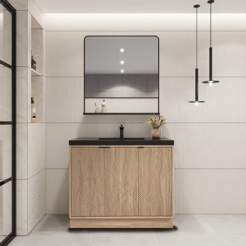 Milano 42" Freestanding (L) Bathroom Vanity with Black Acrylic Sink - 41.73" x 19.49" x 35.46'' - Beige