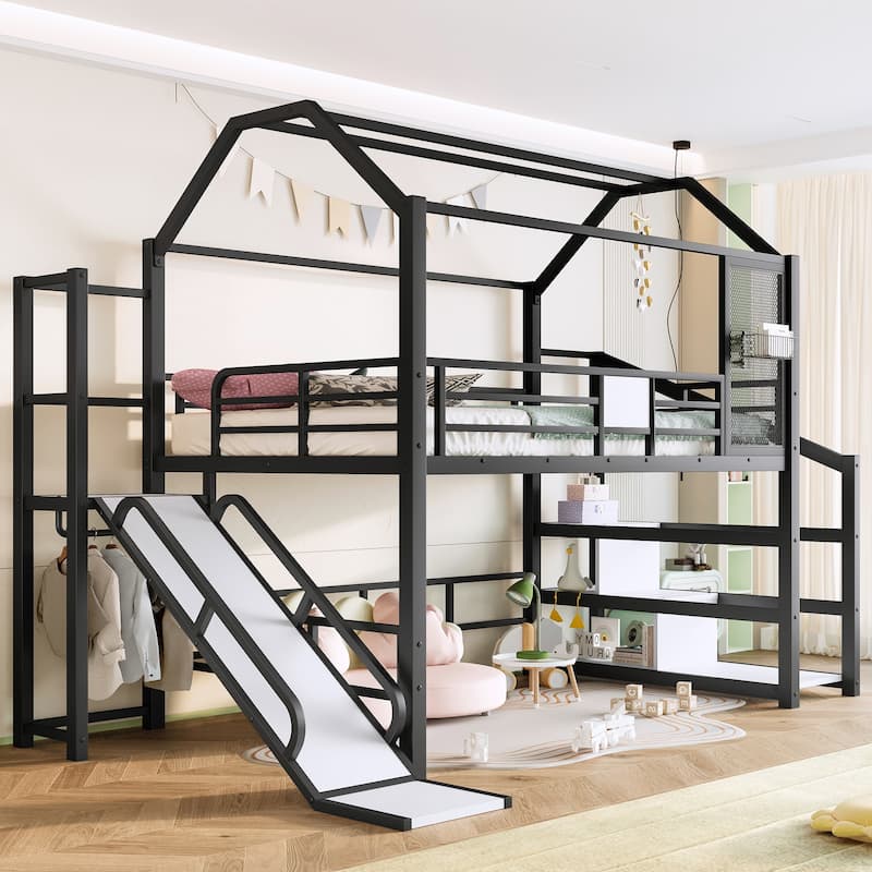 Fun Play House-shaped Loft Bed Metal Bed Frame with Grid and Shelves
