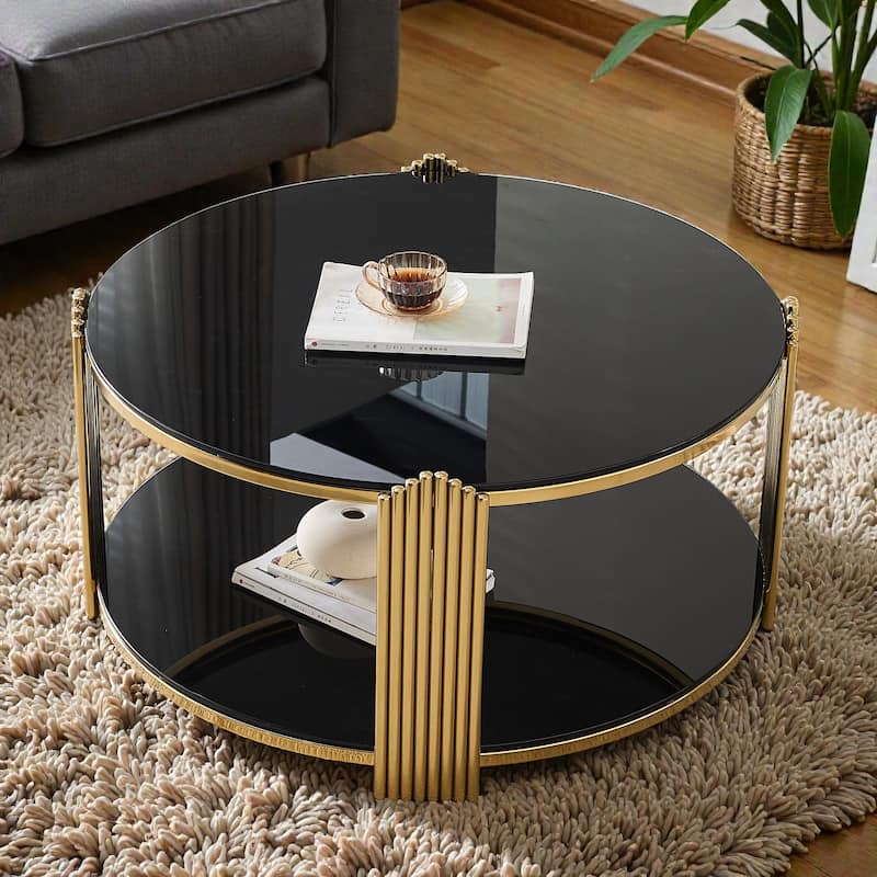 35 Inch Modern Round Coffee Table with Double Layer Black Glass and Gold Stainless Steel Frame, Easy Assembly