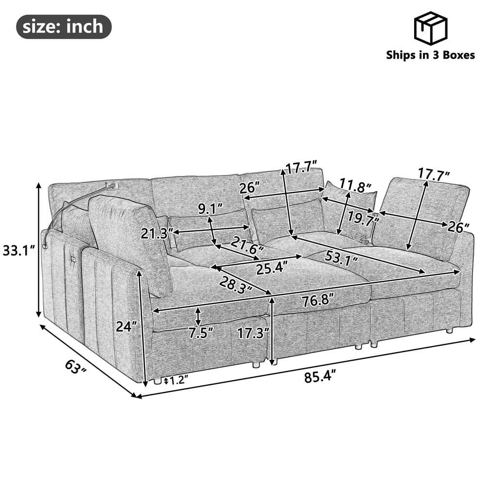 U Shaped Modular Sectional Sofa with Movable Ottoman, Chenille Upholstered 5-Seater Sofa with 2 USB Ports & Phone Holder