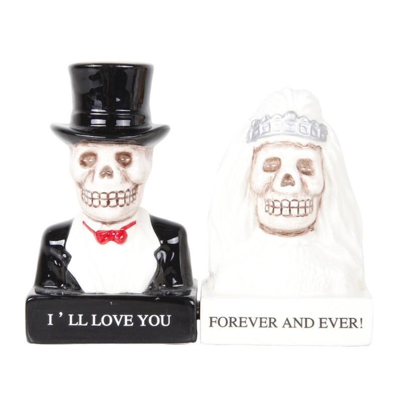 Day of the Dead Wedding Couple Love Never Dies Salt and Pepper Shaker Set - Black,White