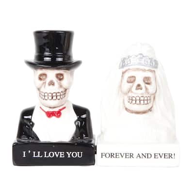 Day of the Dead Wedding Couple Love Never Dies Salt and Pepper Shaker Set - Black,White