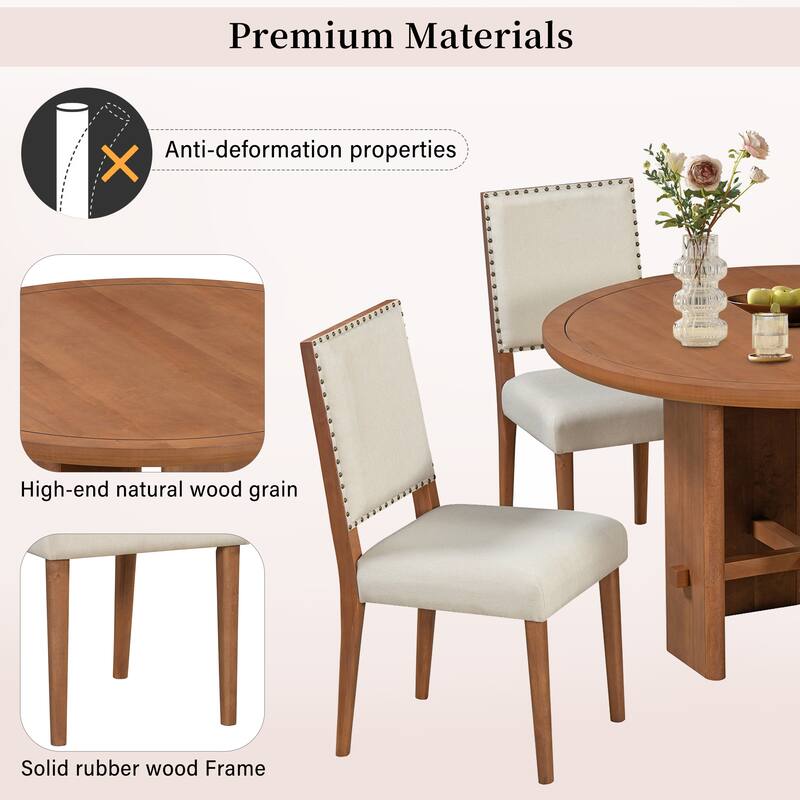 5-Piece Round Farmhouse Dining Table Set, 46.9" Wood Table with 4 Upholstered Chairs, Modern Rustic Kitchen Furniture