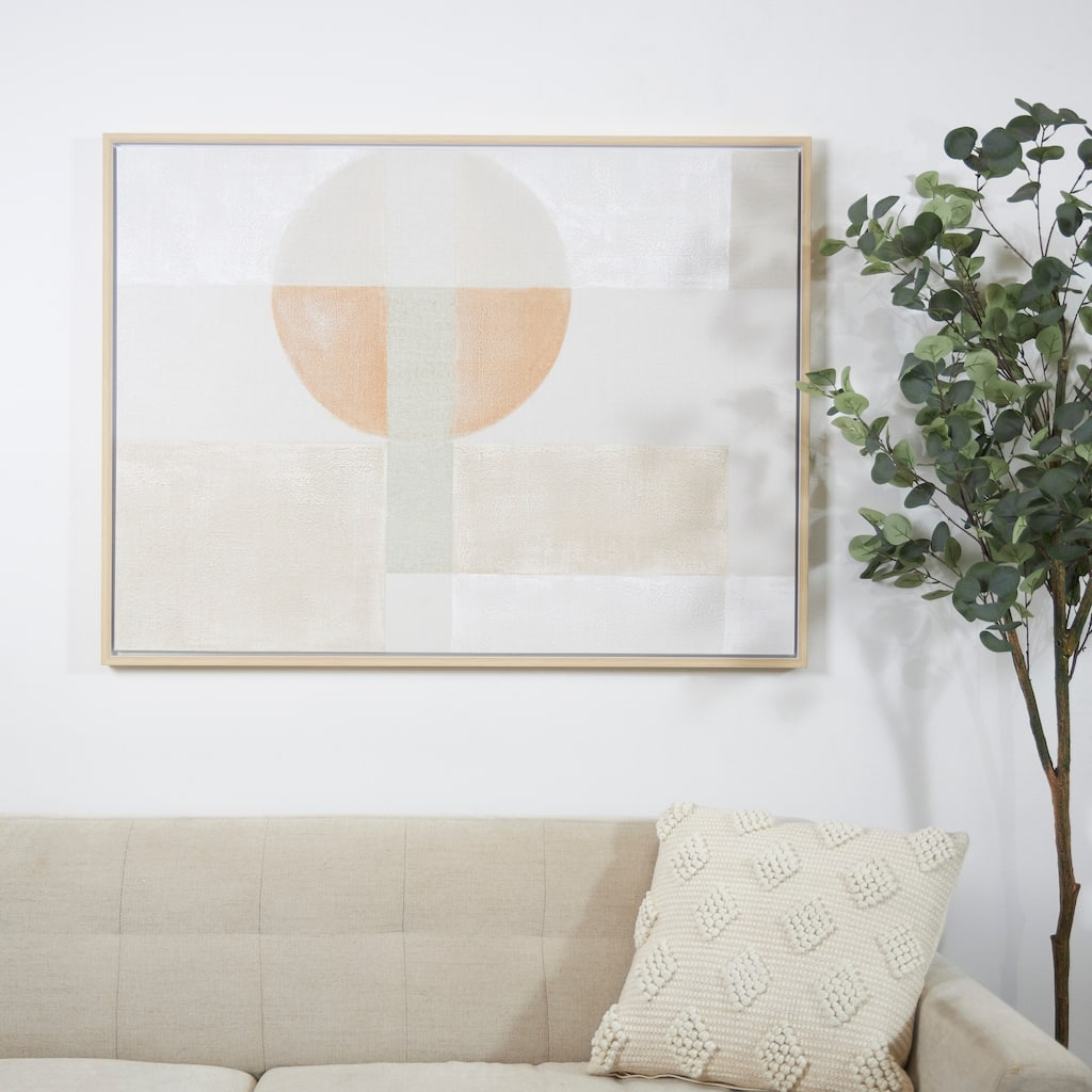 Cream Canvas Minimalist Mid Century Modern Abstract Framed Wall Art with Peach Accents