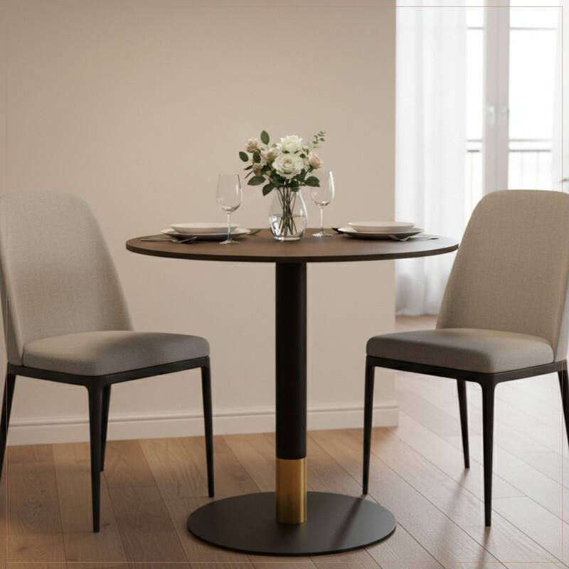 Vail Round Dining Table with 27 in. MDF Tabletop in Black Stainless Steel Round Pedestal Base with Gold Accent Kitchen Table