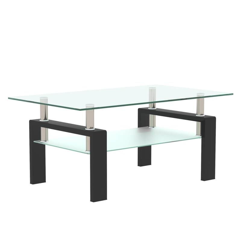 Modern 2-layer Glass Coffee Table with Metal Tube Frame - Black