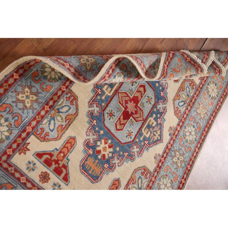 Ivory Geometric Kazak Oriental Accent Rug Handmade Wool Carpet - 3'5"x 4'11"