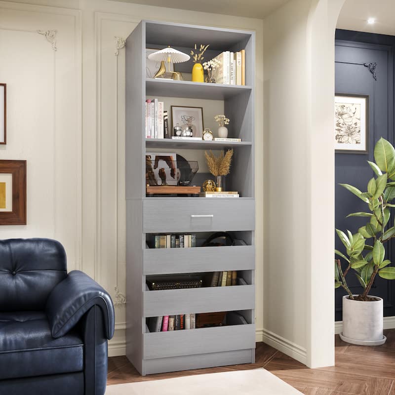 21.3" Storage Cabinet Bookshelf with Charging Station and 3 Wood Drawers, Freestanding Closet System with Storage Shelves - Brown/Grey