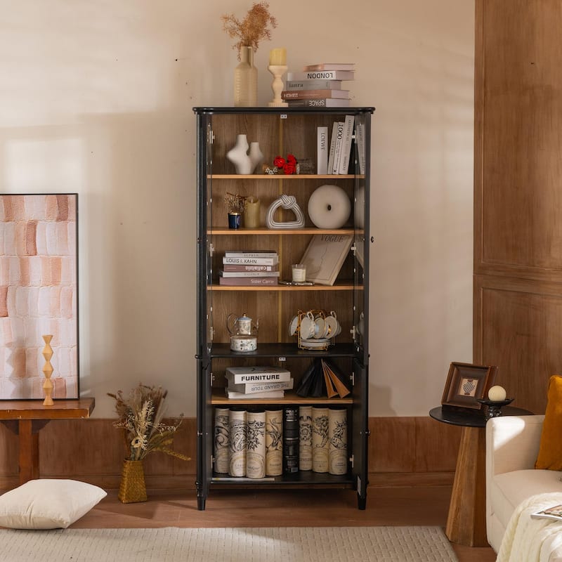 Roomfitters 73.25'' Vintage Display Cabinet with Glass Doors, Mid-Century Pantry Cabinet with Storage, Black & Natural