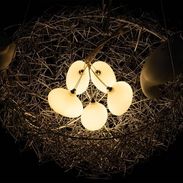 Artistic Bird's Nest Pendant Lamp, 15.8 Inch LED Chandelier With 5 Warm G4 Bulbs, Adjustable Height 4.8ft, Gold Finish, Modern Handcrafted Look For Living Room, Dining, Cafe
