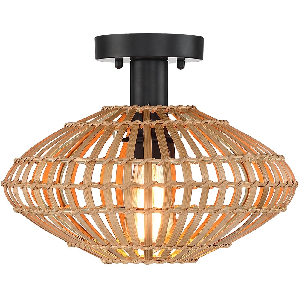 True Fine Eclectic Natural Rattan and Bamboo Semi Flush Mount Ceiling Light  with Black Hardware - 13W - Bed Bath & Beyond - 36519436