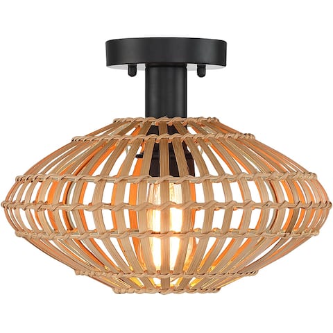 True Fine Eclectic Natural Rattan and Bamboo Semi Flush Mount Ceiling Light with Black Hardware - 13"W