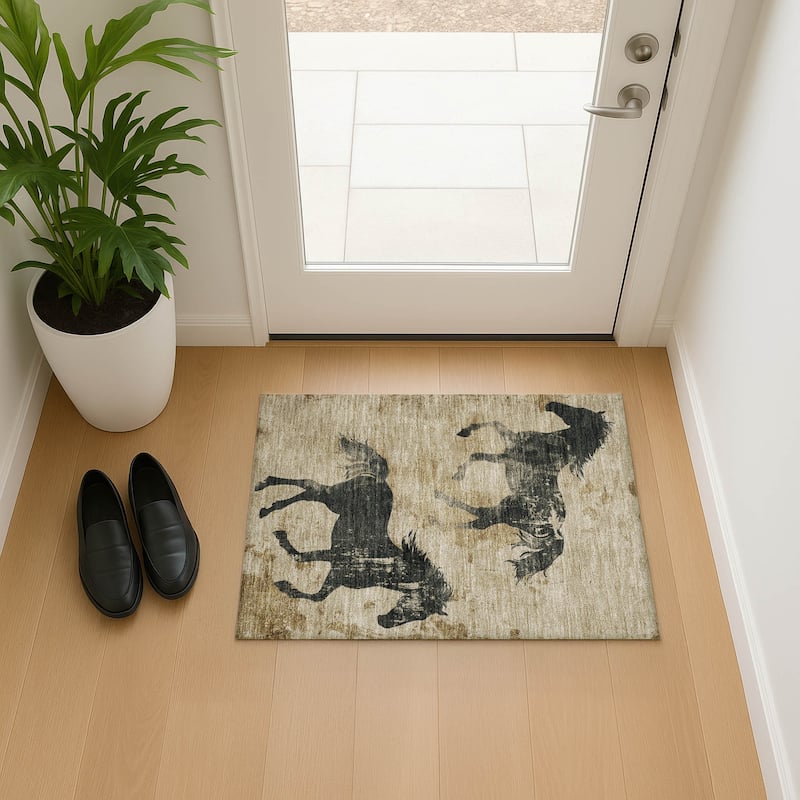 Premium Washable Super Two Horses Mayfield Rug - Beige - 1'8" x 2'6"