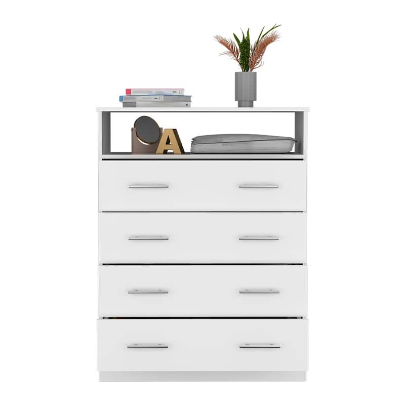 L Four Drawer Dresser, Superior Top, One Open Shelf -White