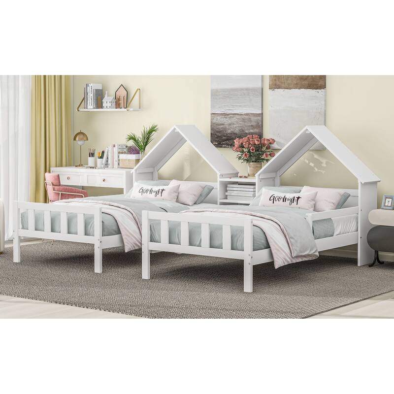 Twin Platform Bed with House Headboard and Nightstand, Solid Wood Frame, White/Grey