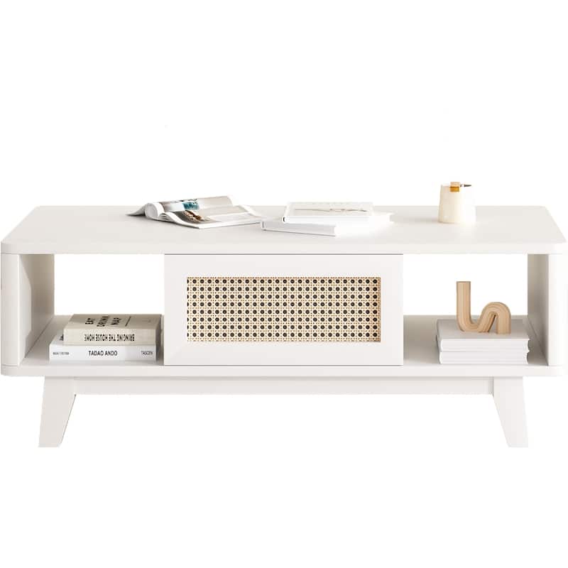 Wooden Cocktail Table Sofa Table, Coffee Table with Rattan Drawer, Modern Accent Table with Wood Legs - White
