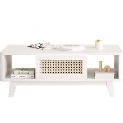 Wooden Cocktail Table Sofa Table, Coffee Table with Rattan Drawer, Modern Accent Table with Wood Legs