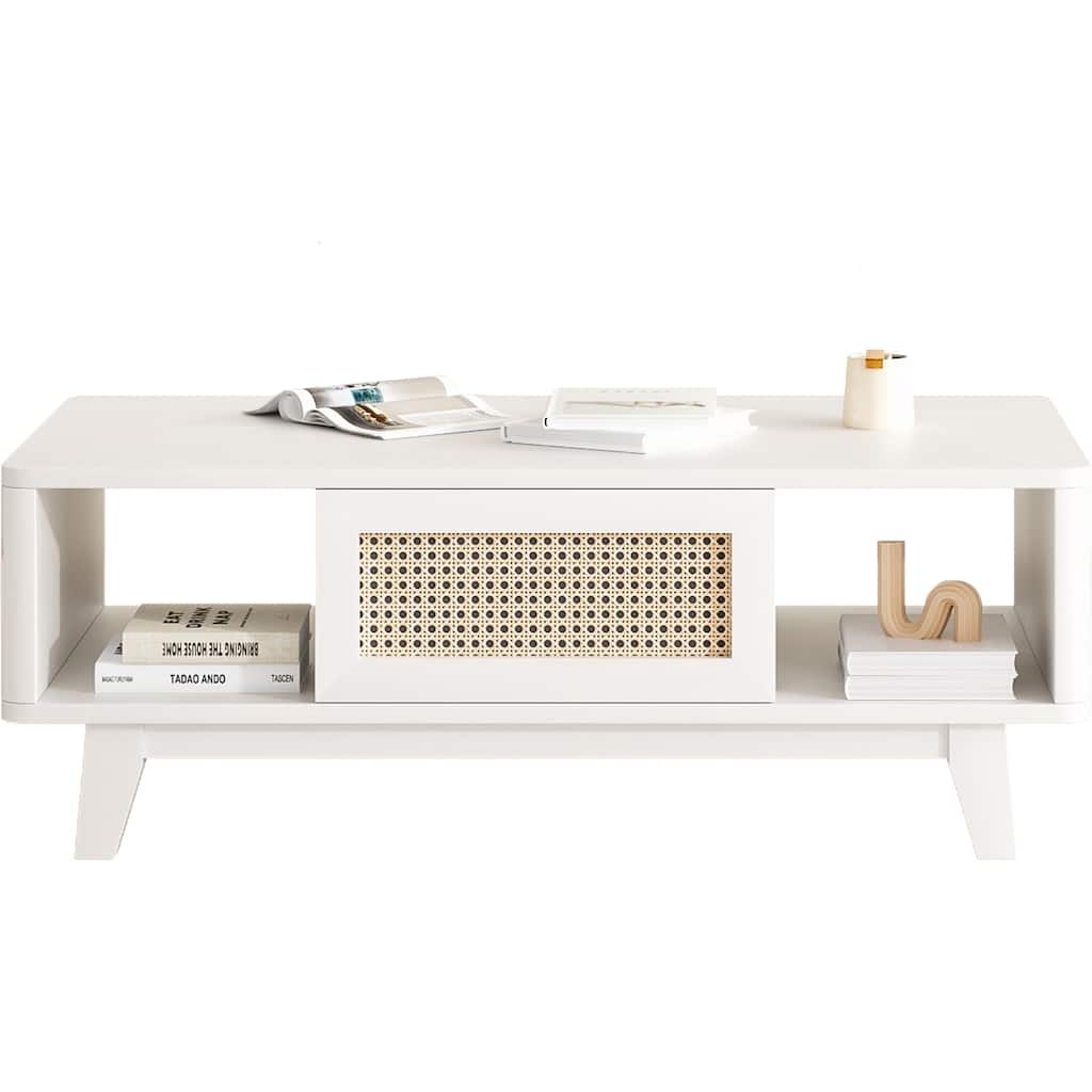 Wooden Cocktail Table Sofa Table, Coffee Table with Rattan Drawer, Modern Accent Table with Wood Legs