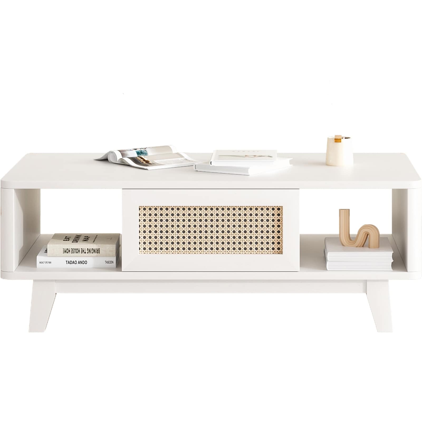 Wooden Cocktail Table Sofa Table, Coffee Table with Rattan Drawer, Modern Accent Table with Wood Legs