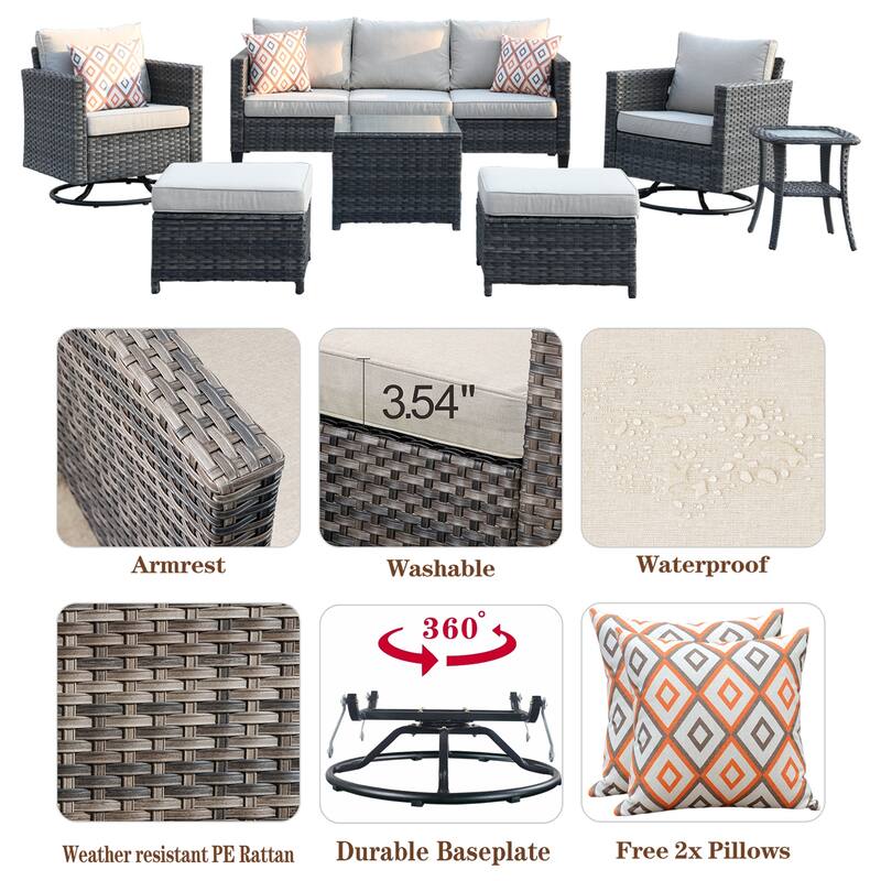 OVIOS 7-piece Patio Furniture Wicker Set with Swivel Rocking Chairs