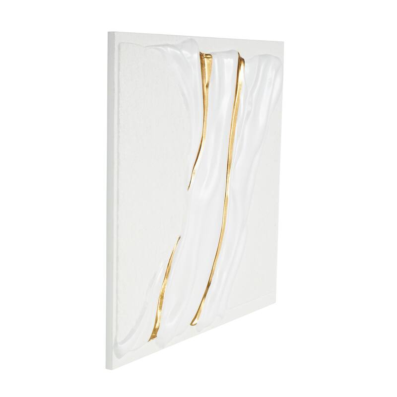 White Metal Dimensional Textured Wavy Abstract Home Wall Decor with Curved Gold Accents