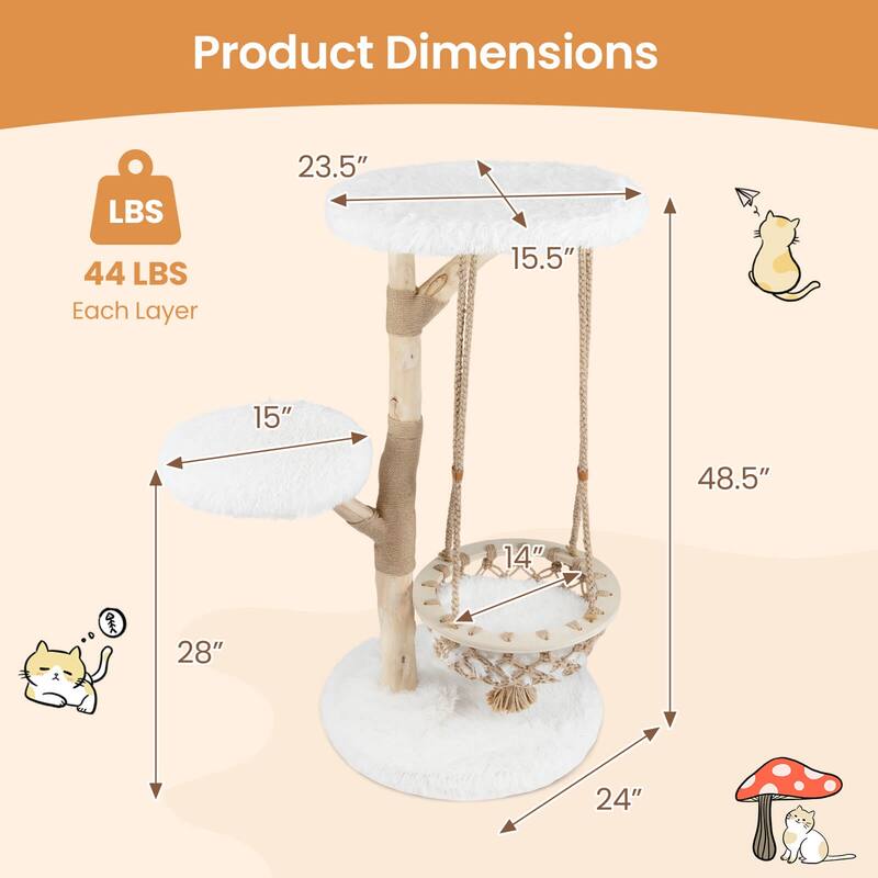 Costway 48.5” Solid Wood Cat Tree with Hanging Cradle Jute Scratching - as pic shows - See Details